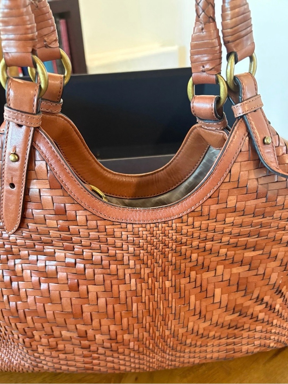 Cole Haan Woven Leather Tote in Cognac Brown